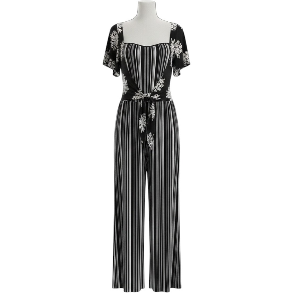 A Beautiful Soul Mixed Print Wide-Leg Jumpsuit Sz 18/20 Navy & White Floral
